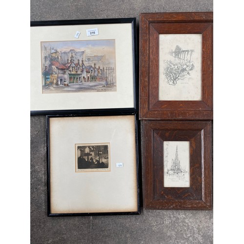 216 - Four various artworks to include engraving titled 'the catch' by George Watson, Watercolour titled '... 