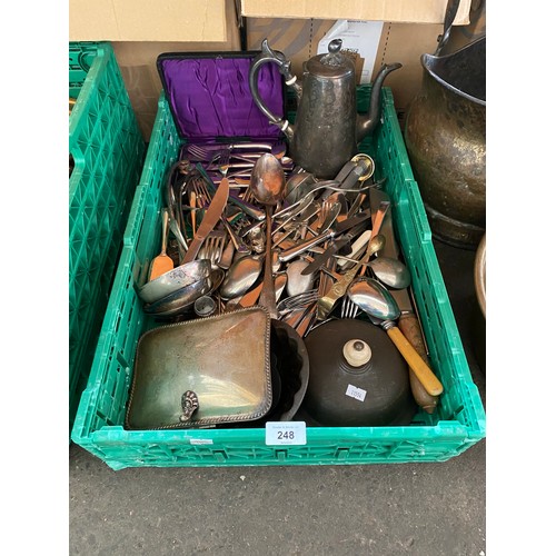 248 - A Crate of silver plated and E.P flatwares includes ladles, coffee pot and boxed butter knives.