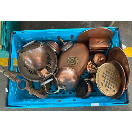 252 - Crate of copper wares to include small chess top table, bed warmer, Tea caddy, serving plates, filte... 