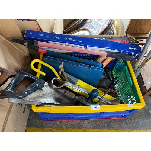 255 - Crate of various mixed tools to include sockets, saws and spanners