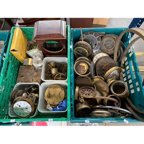 258 - Two crates of antique clock parts, includes workings, gears and clock faces