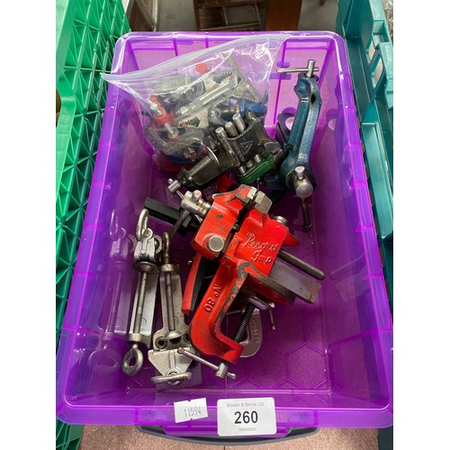 260 - Small box of vices and clamps, Record Imp vice and various small clamps