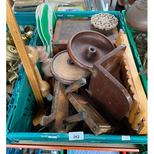 262 - Crate of wooden collectables to include Splading Gold medal wooden weight, wooden sports football ha... 