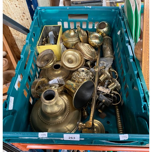 263 - Crate of antique fixtures and fittings to include ceiling brass roses, hooks, loops and odds.