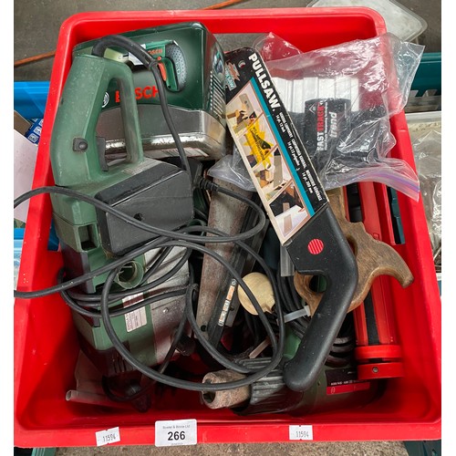 266 - A Box of mixed electrical Bosch power tools to included sander, drill and heat gun etc