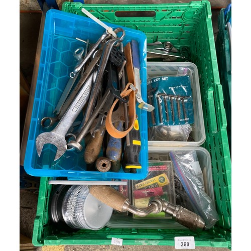 268 - A Crate of tools to include tap and die tools, drill bits and various sized spanners.