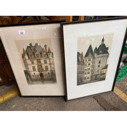 269 - Two antique French coloured prints titled 'Chateau De Chenonceaux' & 'Hotel de ville de loches' afte... 