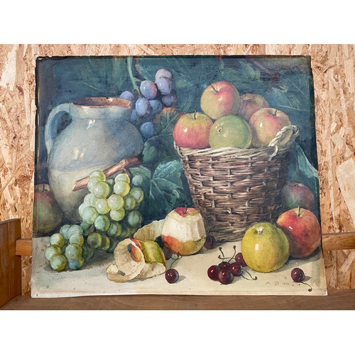 272 - Antique watercolour painting depicting still life fruit and water jug, Signed A.B. 1900.