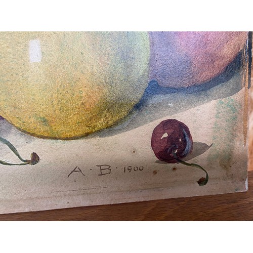 272 - Antique watercolour painting depicting still life fruit and water jug, Signed A.B. 1900.