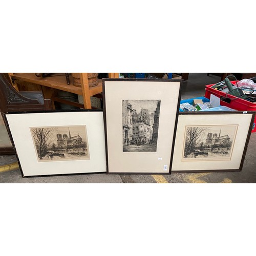 274 - Three antique original etchings depicting French/ Paris buildings. Signed by the artist to each.