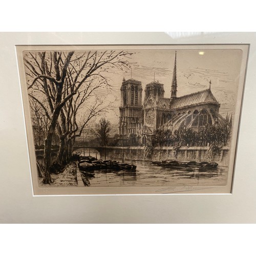 274 - Three antique original etchings depicting French/ Paris buildings. Signed by the artist to each.