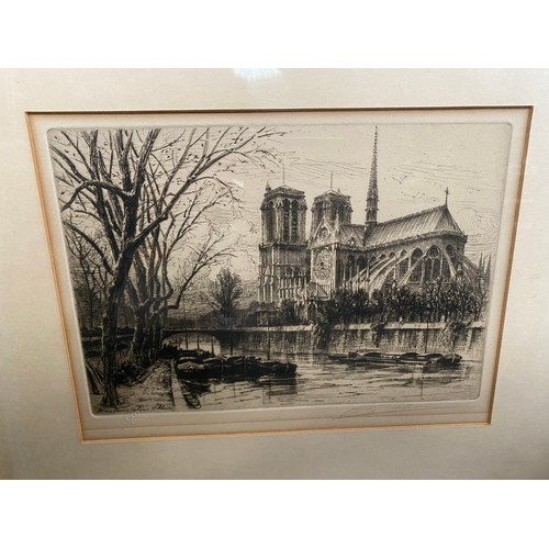 274 - Three antique original etchings depicting French/ Paris buildings. Signed by the artist to each.