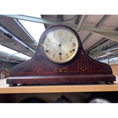 292 - A Shelf of mantel clocks and 8 day enamel clock & Apprentice grandfather clock