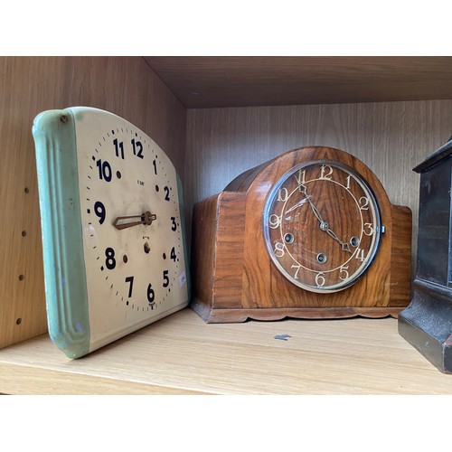 292 - A Shelf of mantel clocks and 8 day enamel clock & Apprentice grandfather clock