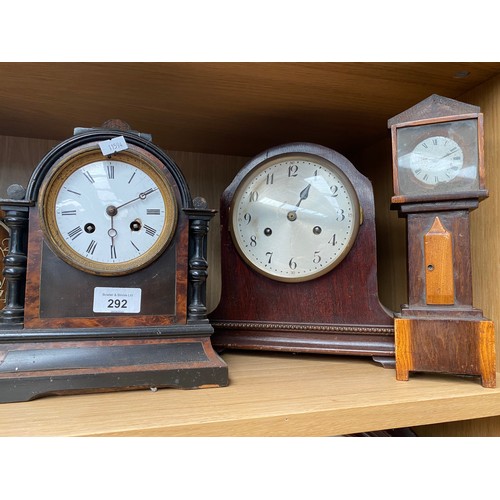 292 - A Shelf of mantel clocks and 8 day enamel clock & Apprentice grandfather clock