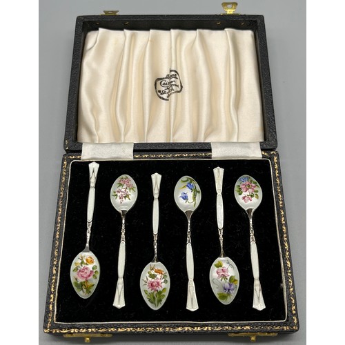 6 - A Boxed set of 6 Birmingham silver and enamel flower design tea spoons. Produced by Henry Clifford D... 