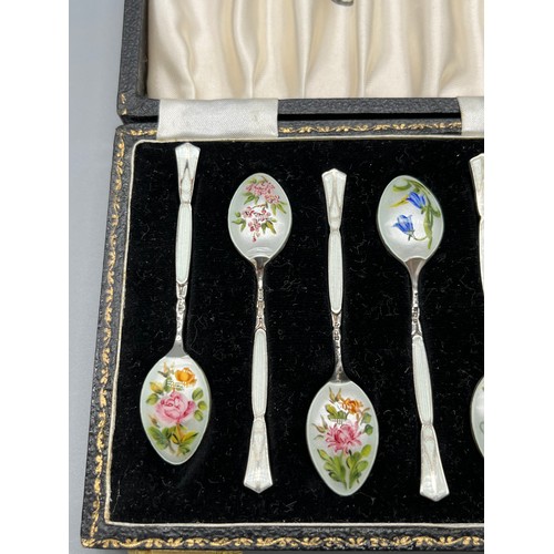 6 - A Boxed set of 6 Birmingham silver and enamel flower design tea spoons. Produced by Henry Clifford D... 