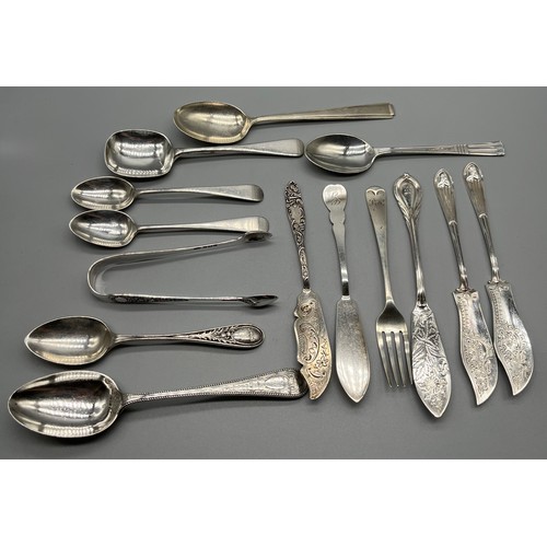 18 - A Collection of mixed Sheffield silver flatwares. includes Tongs, Knives and spoons. [Total weight- ... 