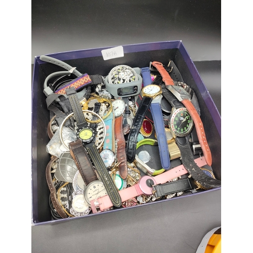 107A - Box of watches to include military tank watch along with jewellery