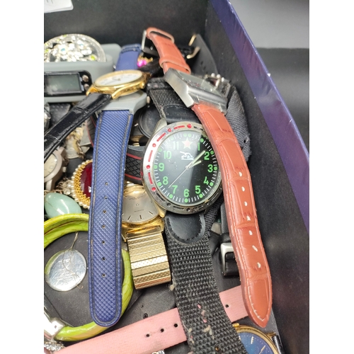 107A - Box of watches to include military tank watch along with jewellery