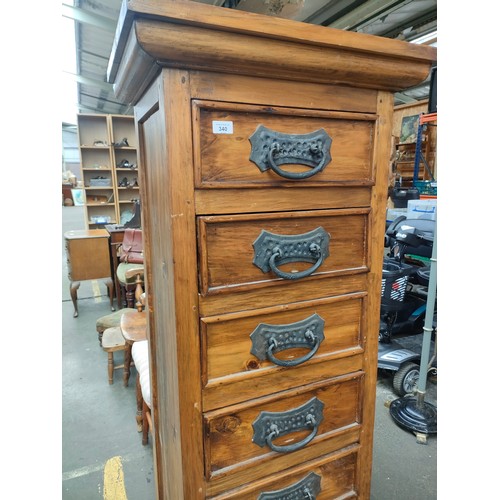 340 - Contemporary Mexican pine tall 6 drawer chest, fitted with wrought iron swing handles.