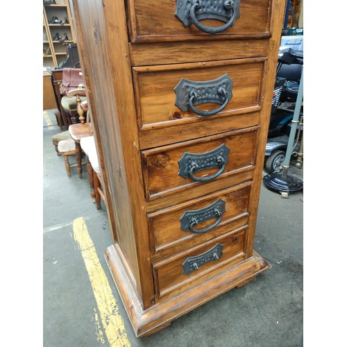 340 - Contemporary Mexican pine tall 6 drawer chest, fitted with wrought iron swing handles.