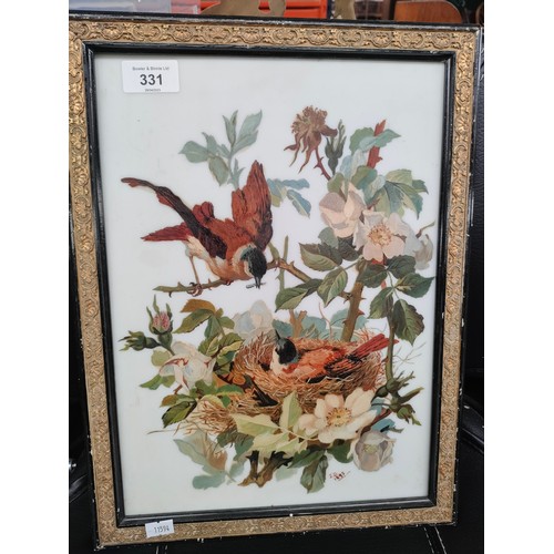 331 - 19th century painting on glass depicting mother bird feeding chicks. Signed J.D. 1895