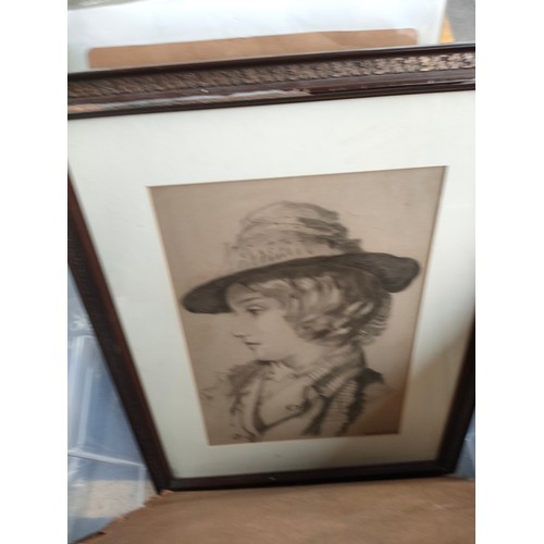 319 - A Box of art work prints to include Colmans Mustard advertising print and original etching depicting... 