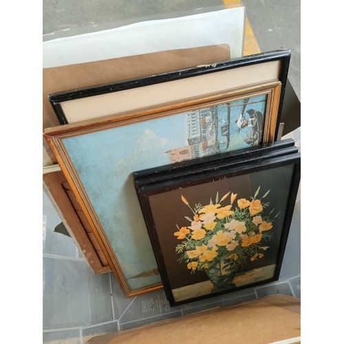 319 - A Box of art work prints to include Colmans Mustard advertising print and original etching depicting... 