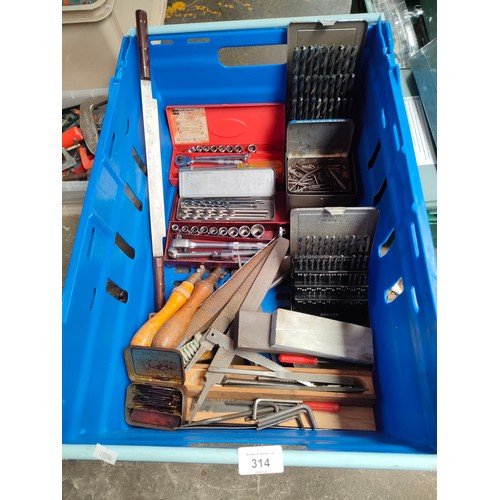 314 - A Crate of tools to include drill bit sets, socket sets and sharpening tools etc