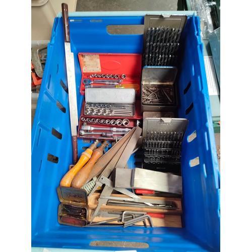 314 - A Crate of tools to include drill bit sets, socket sets and sharpening tools etc