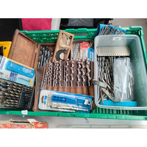 306 - A Crate of drill bits and measuring tools