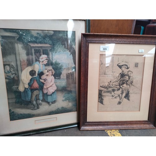 305 - Two antique engravings- titled 'The School Door' & 'Le Joueur D'Echecs'