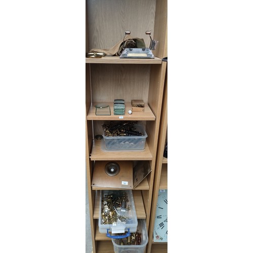 301 - 6 Shelves of various antique fixtures and fittings to include brass door bell panel, Brass key hole ... 