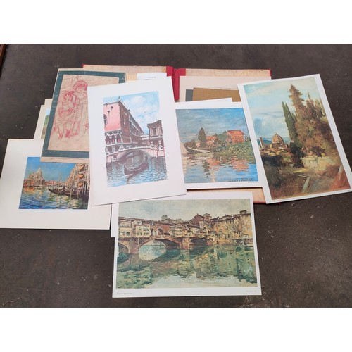 298 - Portfolio containing various art prints and artworks to include watercolour depicting loch signed T.... 