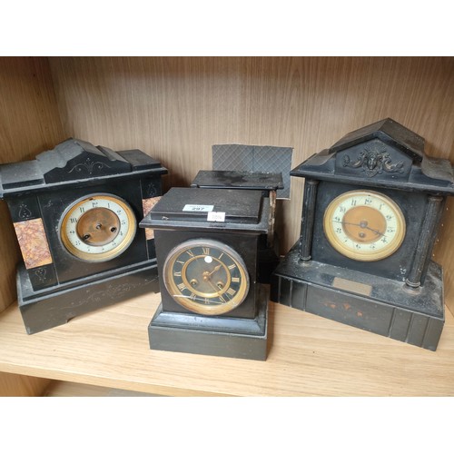 297 - A Shelf of four slate mantel clocks, Three with workings.