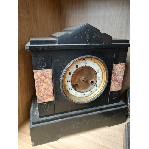 297 - A Shelf of four slate mantel clocks, Three with workings.