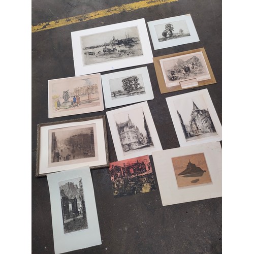 296 - A Collection of original etchings and engravings to include 'Mont St Michel' signed by the artist. W... 