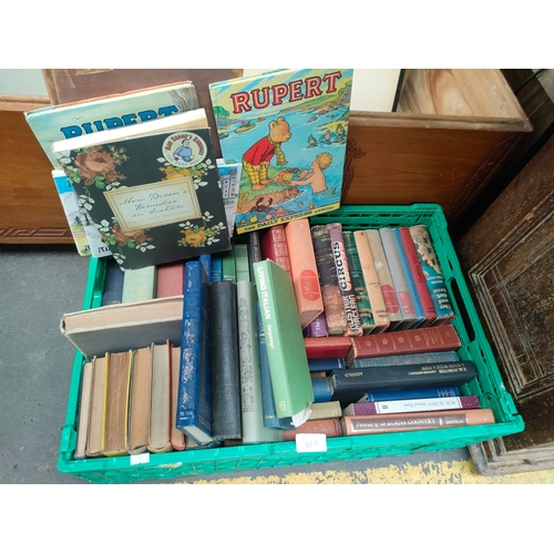 360A - A large box of antique books , crime books and Rupert