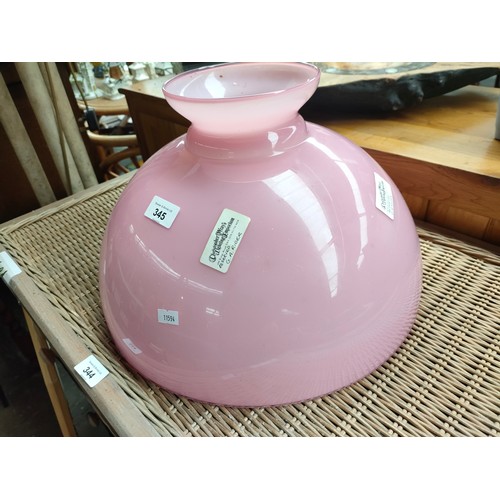 345 - Antique pink glass oil lamp shade with original stickers from Christopher Wray's Lighting Emporium