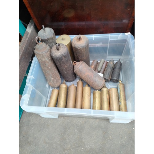 375 - Edwardian inlaid grandfather clock casing with box of weights