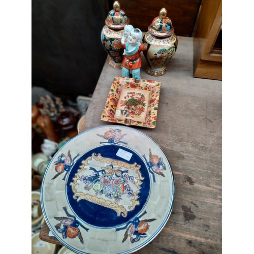 384A - Selection of oriental porcelain to include satsuma plate, temple jars and figure