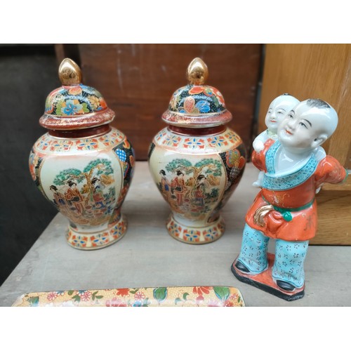 384A - Selection of oriental porcelain to include satsuma plate, temple jars and figure