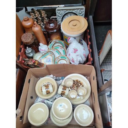 385 - Large crate of collectables and porcelain to include Bols Genever gin bottle, Rumptopf fruit & rum j... 