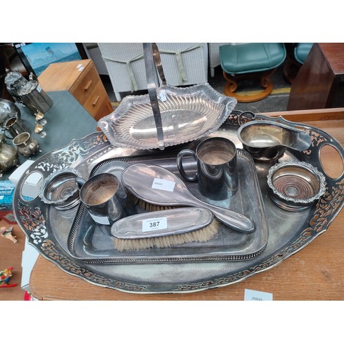 387 - Selection of silver plated ware to include large silver plated gallery tray, swing handled basket, B... 