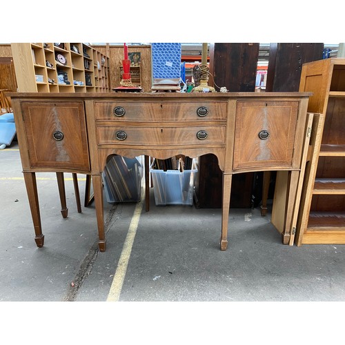 426 - Antique mahogany inlaid break front sideboard with two centre drawers flanked by two cupboards resti... 