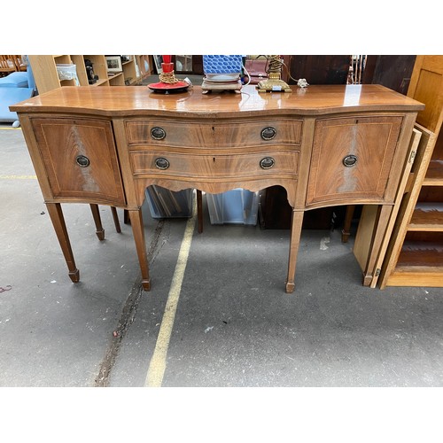 426 - Antique mahogany inlaid break front sideboard with two centre drawers flanked by two cupboards resti... 