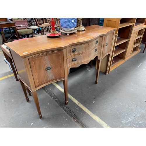 426 - Antique mahogany inlaid break front sideboard with two centre drawers flanked by two cupboards resti... 