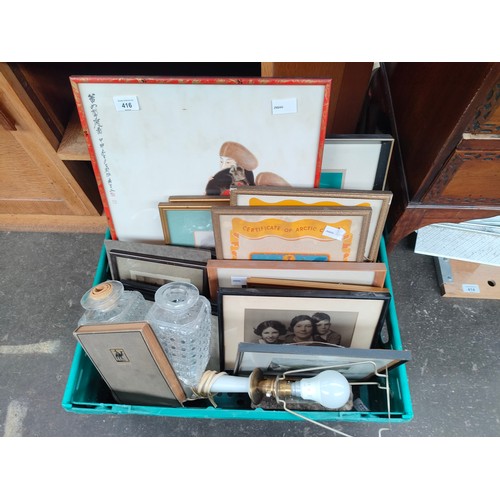 416 - A Box of mixed art work to include oriental signed picture, coloured engraving etc