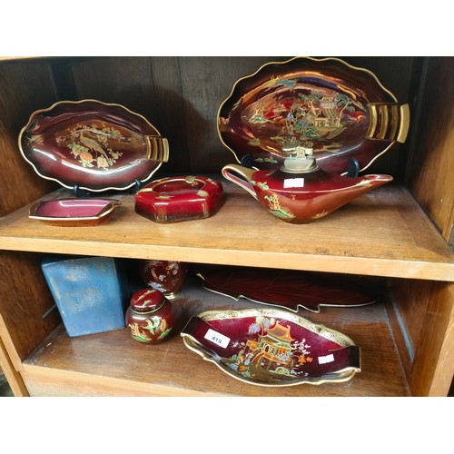 419 - 2 Shelves of Carlton ware Rouge Royale pattern includes Table lighter in pagoda pattern, lustre dish... 